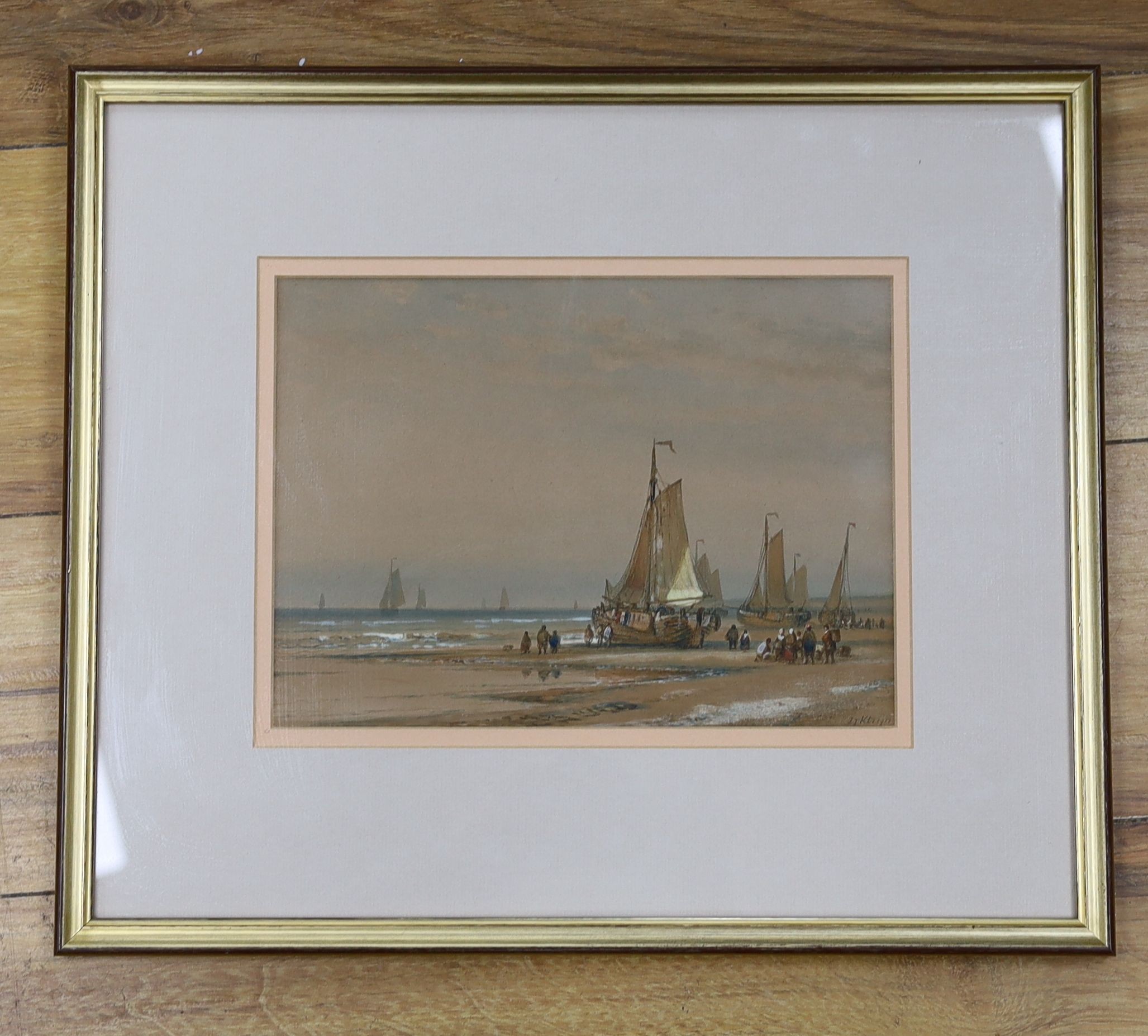 Lodewijk Johannes Kleijn (1817-1897), watercolour, Dutch fisherfolk on the shore at low tide, signed, 19 x 26cm